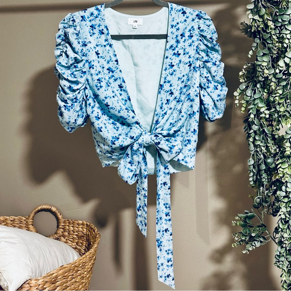 LPA - Revolve - Blue Sabrina Floral Cait - Ruched Sleeves Cropped Wrap Top
